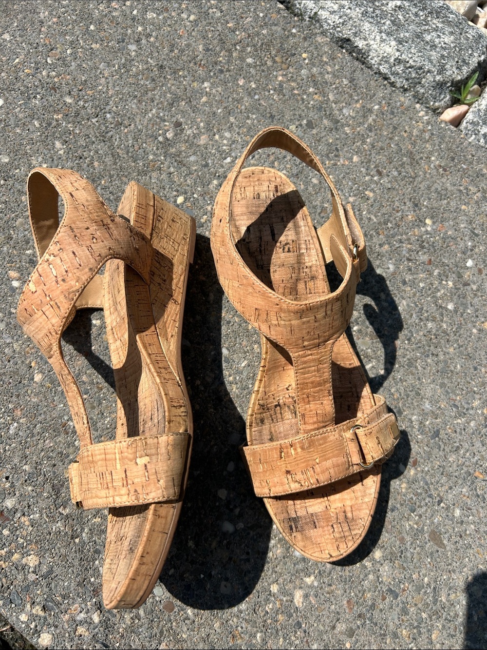 Vaneli Cork Textured Tan Wedge Sandals